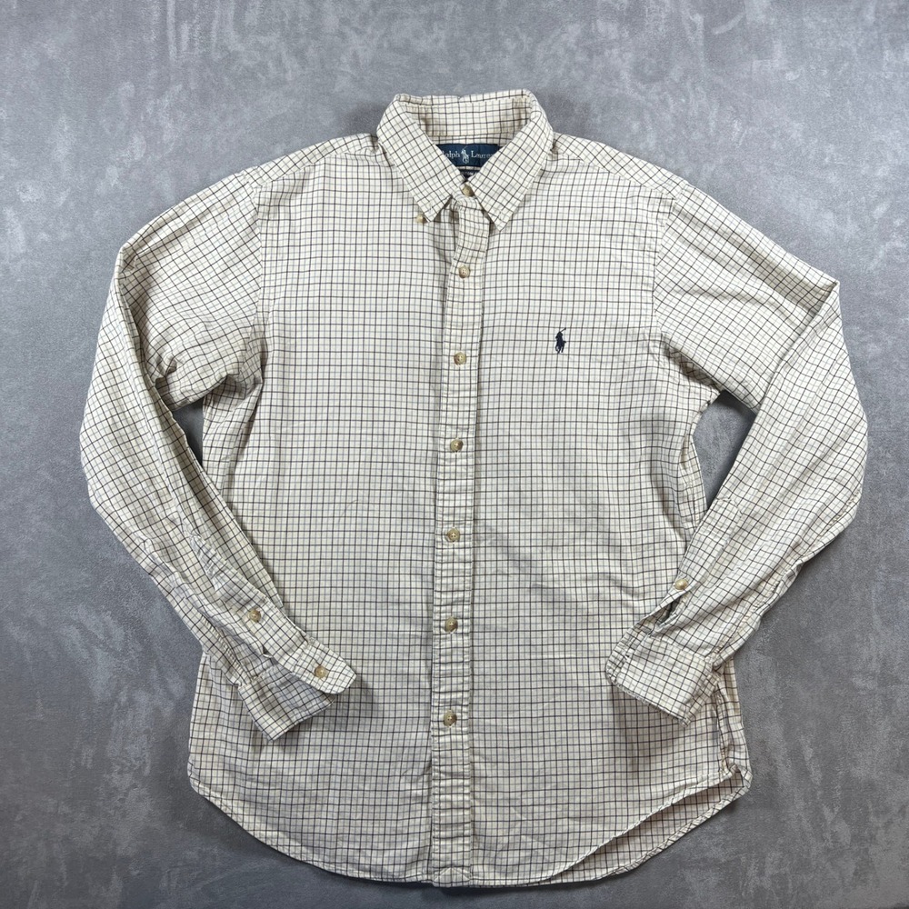 Ralph Lauren Mens Medium Custom Fit Button Down Shirt Cream Navy Grid Check